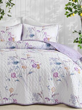 Purple Floral Quilt Set,Reversible Bedspread King Size
